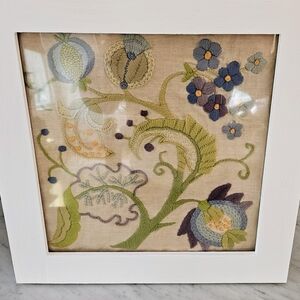 Blue Green Crewel Embroidered Floral Framed Art